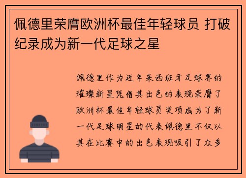 佩德里荣膺欧洲杯最佳年轻球员 打破纪录成为新一代足球之星